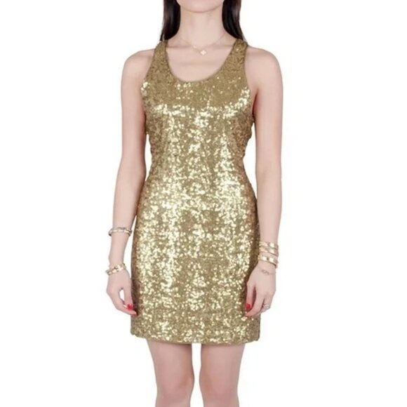 Alice & Olivia Gold Sequin Tank Top Dress Medium Cocktail Nightclub Dance - Picture 2 of 5
